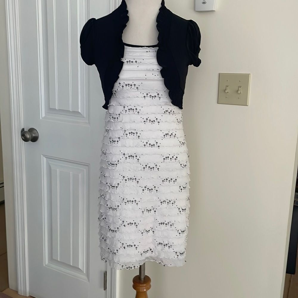 Black & white ruffle dress with black sequence & black built-in jacket girls 14